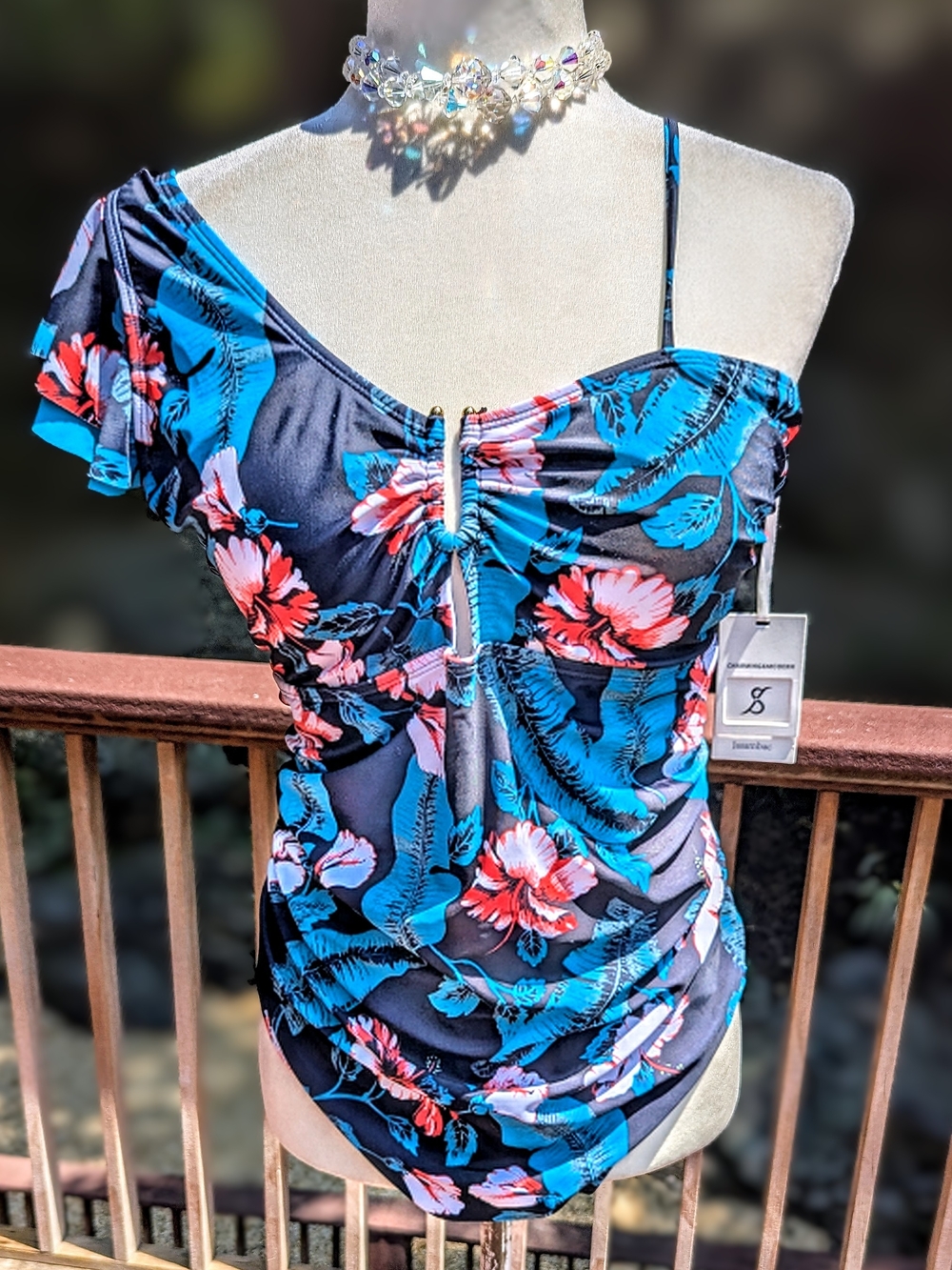 Blue Floral One-Shoulder Ruched One-Piece Swimsuit